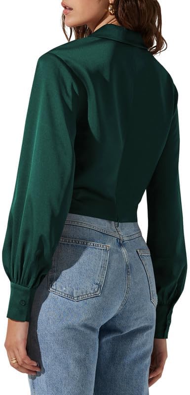 Jillumi Women's Elegant Satin Wrap Crop Tops Long Sleeve Silk Shirt