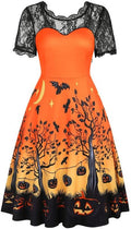 Jillumi Women's Lace Sleeve Pumpkin Swing Halloween Dress