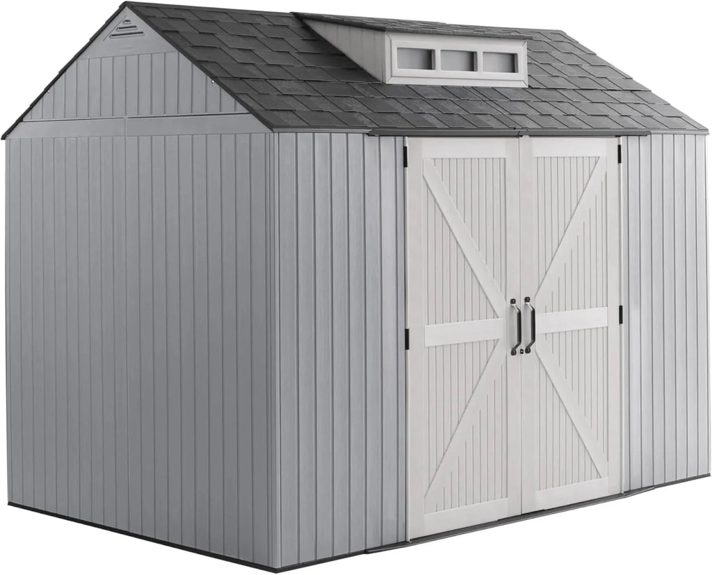 2026 Rubbermaid resin garden shed with floor (2.13 x 2.13 m), weatherproof, grey, for storing garden tools, lawnmowers, bicycles and pool accessories