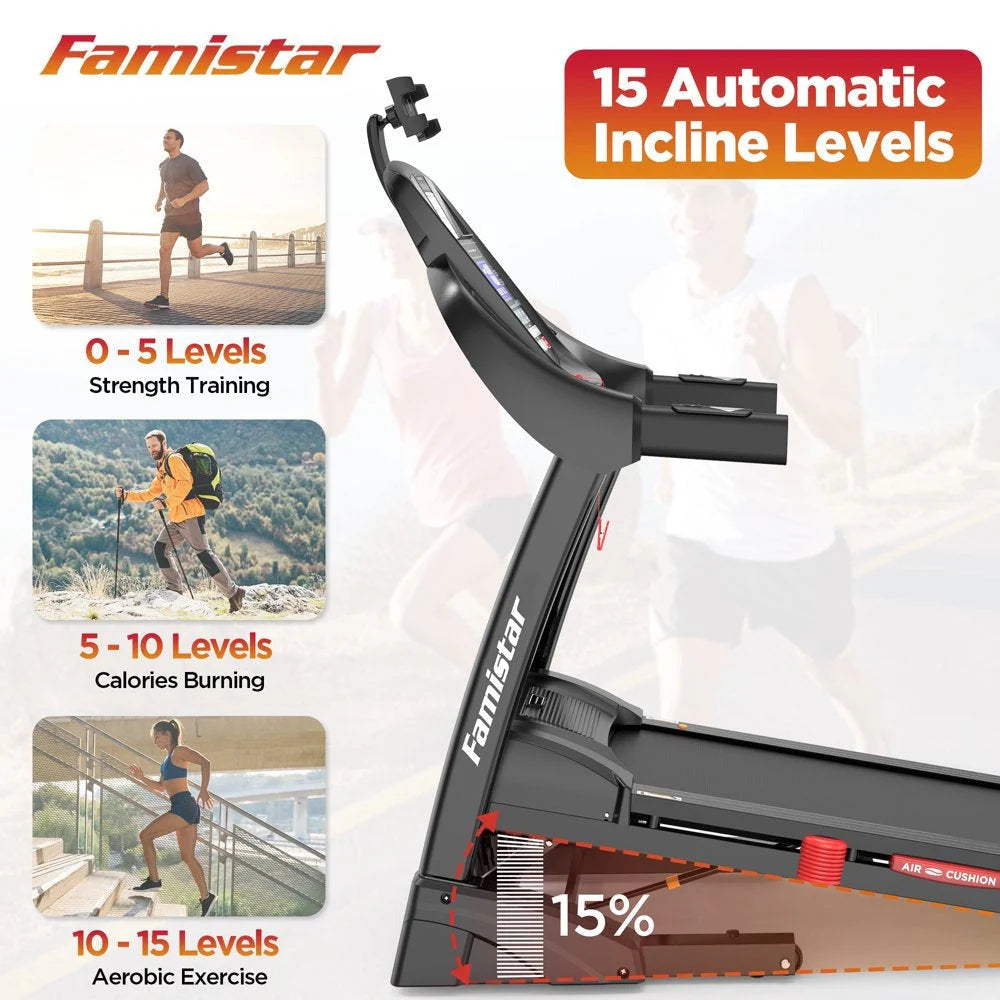 2026 Famistar Folding Treadmill for Home with 15 Levels Auto Incline, 300LB Capcity, 10MPH Fast Speed Controls