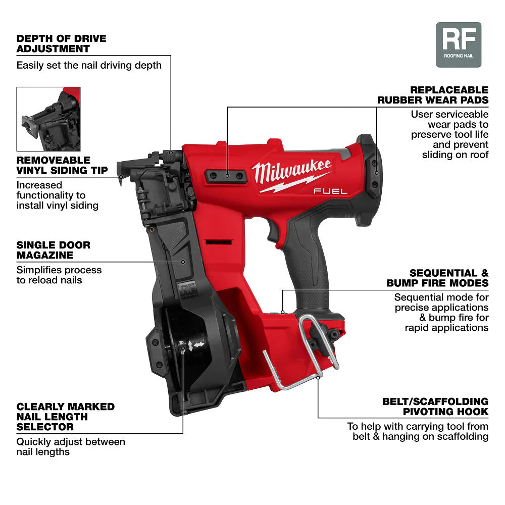 2026 Milwaukee 2909-20 M18 FUEL 18V Cordless Li-Ion Coil Roofing Nailer - Bare Tool