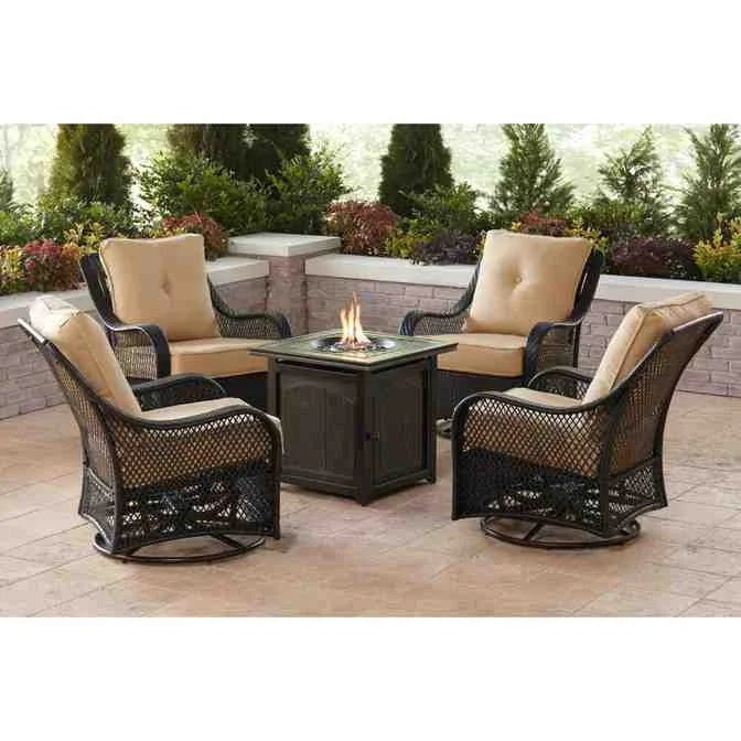 2026 2025 5-piece steel patio fire pit seating set with navy blue cushions, swivel gliders and square fire pit table