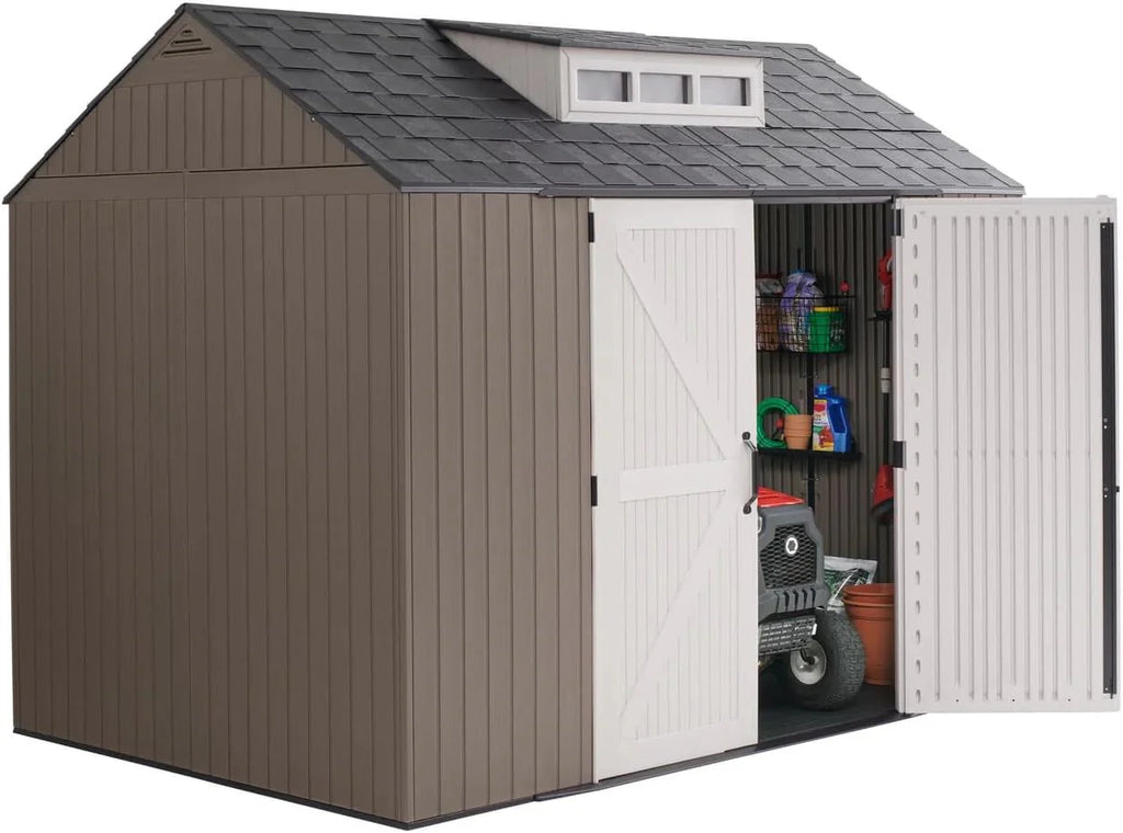 2026 Rubbermaid resin garden shed with floor (2.13 x 2.13 m), weatherproof, grey, for storing garden tools, lawnmowers, bicycles and pool accessories
