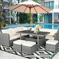 2026 7 Pcs Rattan Patio Dining Furniture Sectional Sofa Set with Dining Table, Ottomans & Cushions
