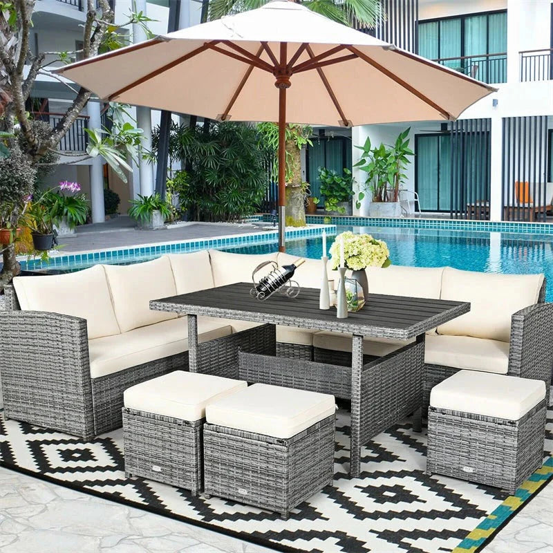 2026 7 Pcs Rattan Patio Dining Furniture Sectional Sofa Set with Dining Table, Ottomans & Cushions
