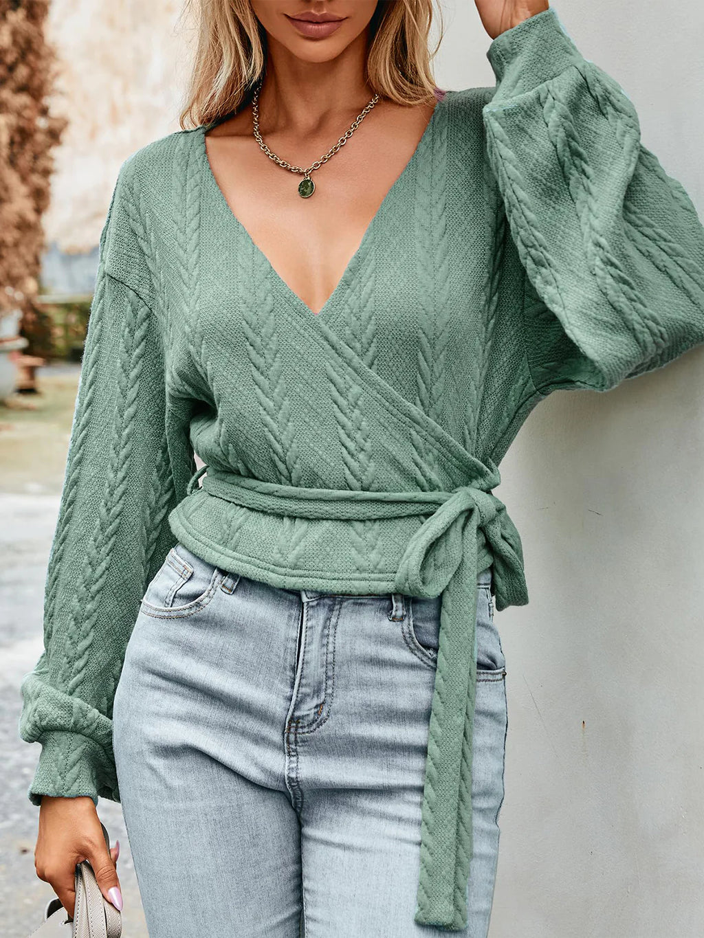 2026 Ribbed Knit Drawstring V-Neck Top