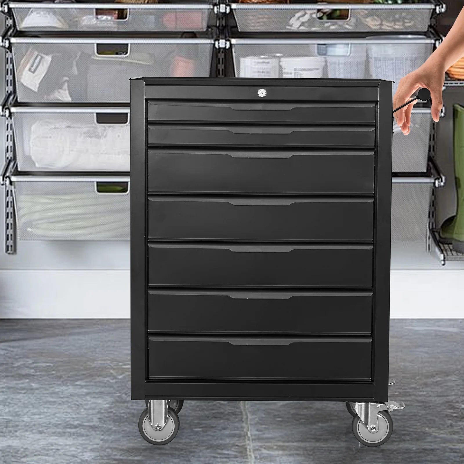 2026 7-Drawer Rolling Tool Chest Cabinet, Large Capacity Metal Tool Box with Wheels and Cylinder Locking, Roll Around Storage Organizer Tool Cart for Garage, Warehouse, Work Shop - Black