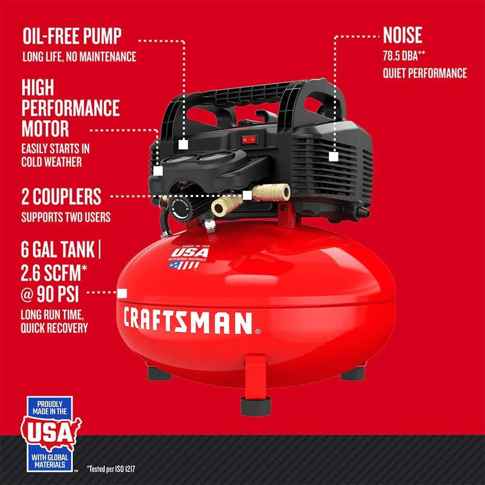 2026 Craftsman 6-gallon pancake air compressor, oil-free, 150 PSI, portable with accessory kit