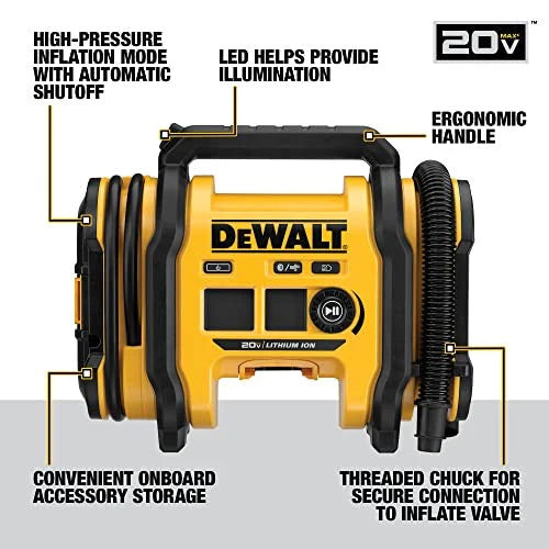 2026 DEWALT 20V MAX tire inflator, compact and portable, automatic shut-off, LED light