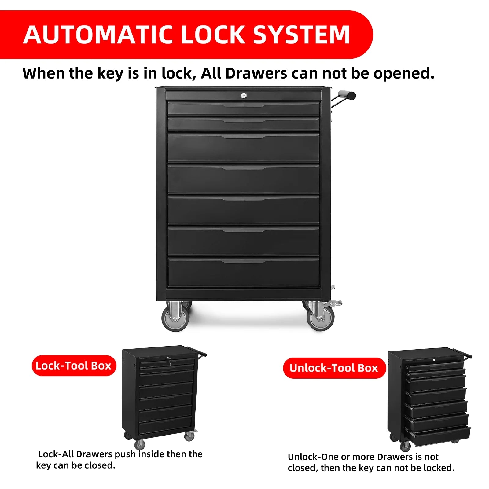 2026 7-Drawer Rolling Tool Chest Cabinet, Large Capacity Metal Tool Box with Wheels and Cylinder Locking, Roll Around Storage Organizer Tool Cart for Garage, Warehouse, Work Shop - Black