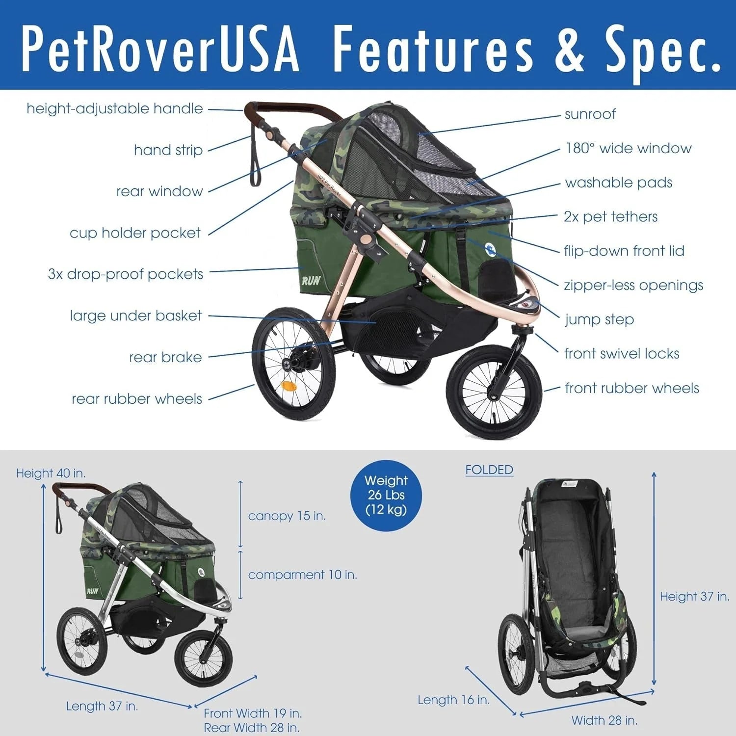 2026 Jogging Sports Stroller with Comfort Rubber Wheels/Zipper-Less Entry/1-Hand Quick Fold/Aluminum Frame for Small/Medium Dogs, Cats and Pets (Green Camo)