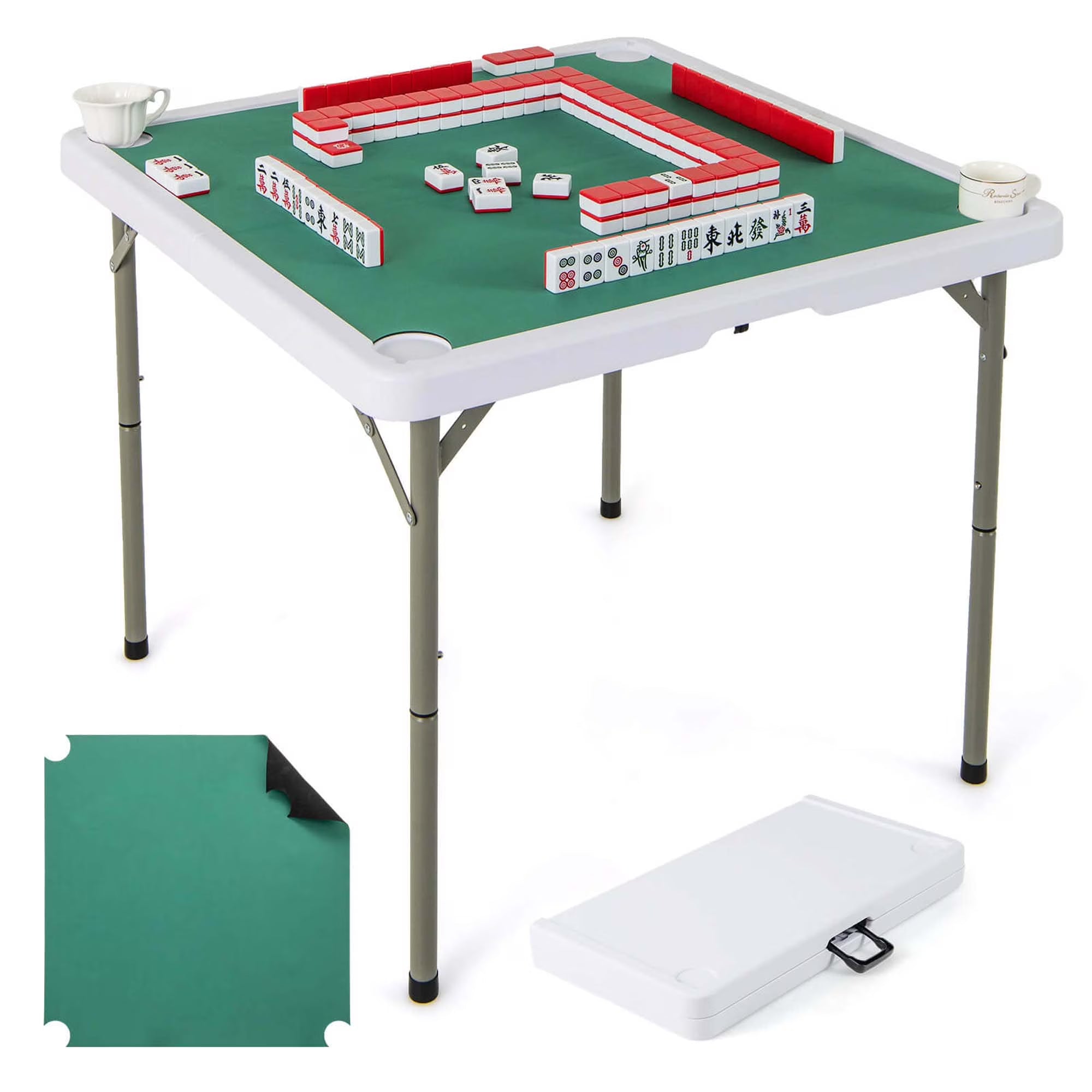 2026 Costway 35" Folding Mahjong Table with Cup Holders & Smooth Felt Mat Carrying Handle Green