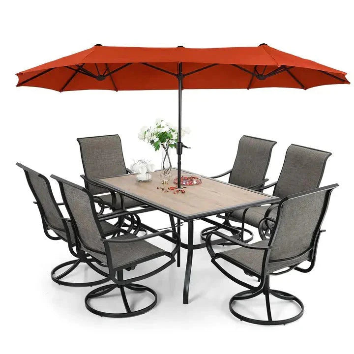 2026 8-piece patio dining set with parasol, garden furniture set with 6 swivel dining chairs with mesh covers