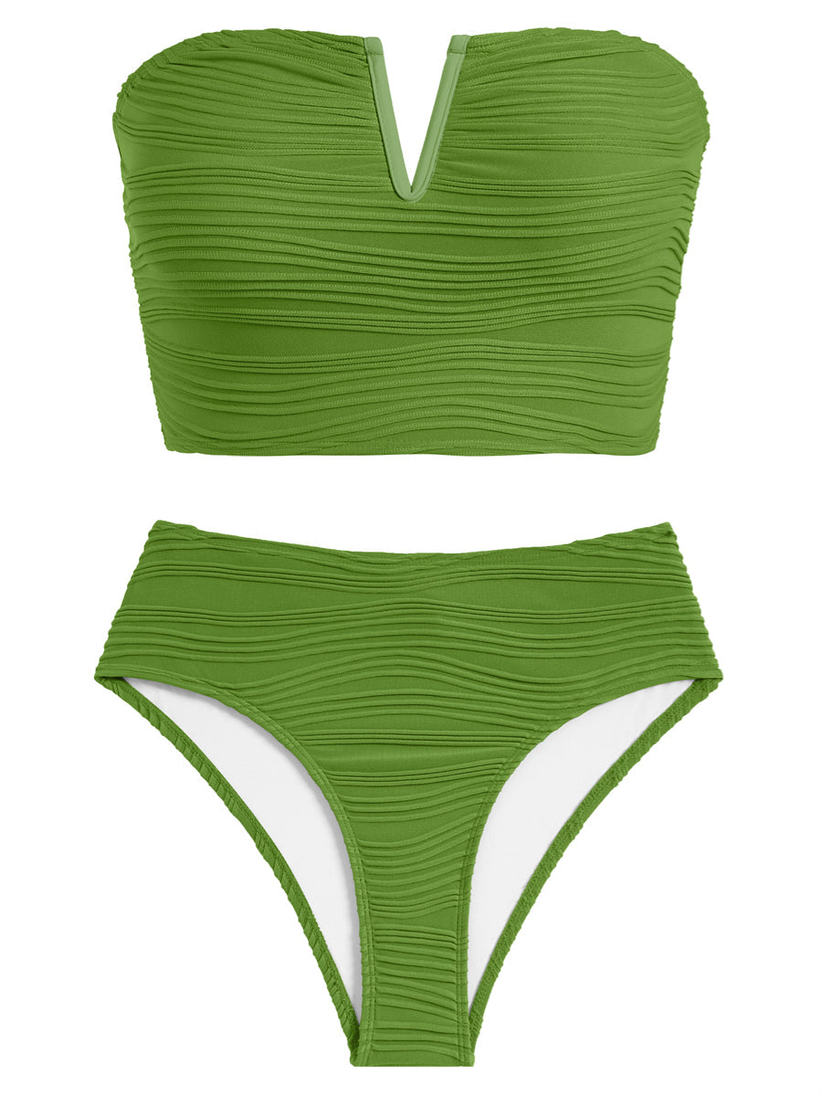 Womens Bandeau Bikini Sets Sexy Removable Shoulder Strap Two Piece Swimsuit High Cut Cute Ribbed Ladies Bathing Suit