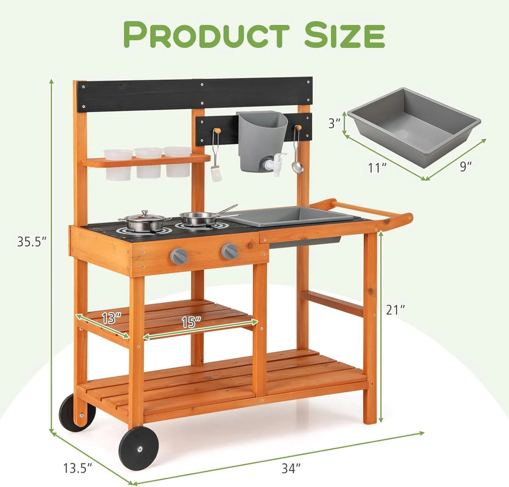 2026 OLAKIDS Mud Kitchen, Outdoor Play Kitchen with Wheels 3 Cups Removable Sink Cooking Accessories Wooden Kids Kitchen Playset Backyard Garden Toys Gift for Boys Girls Ages 3+