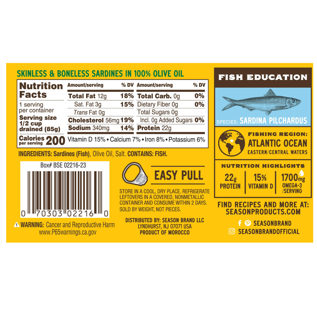 2026 Season Sardine Fillets In 100% Olive Oil, Wild Caught, Skinless & Boneless, 4.375 oz, 6-Count