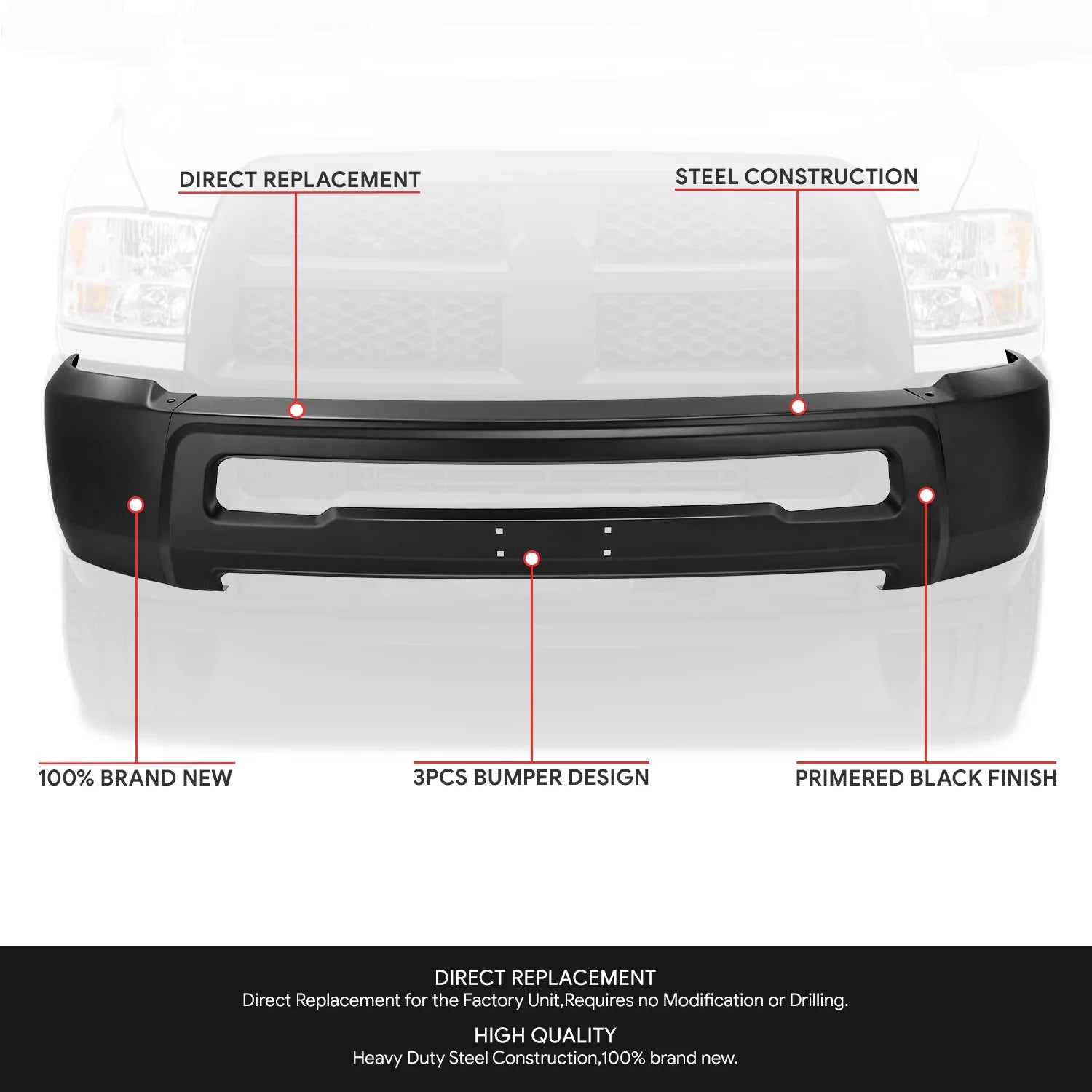 Modular Style Front Bumper w/o Fog Light Cutouts10-18 Dodge Ram 2500 3500