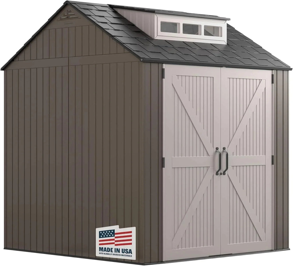 2026 Rubbermaid resin garden shed with floor (2.13 x 2.13 m), weatherproof, grey, for storing garden tools, lawnmowers, bicycles and pool accessories