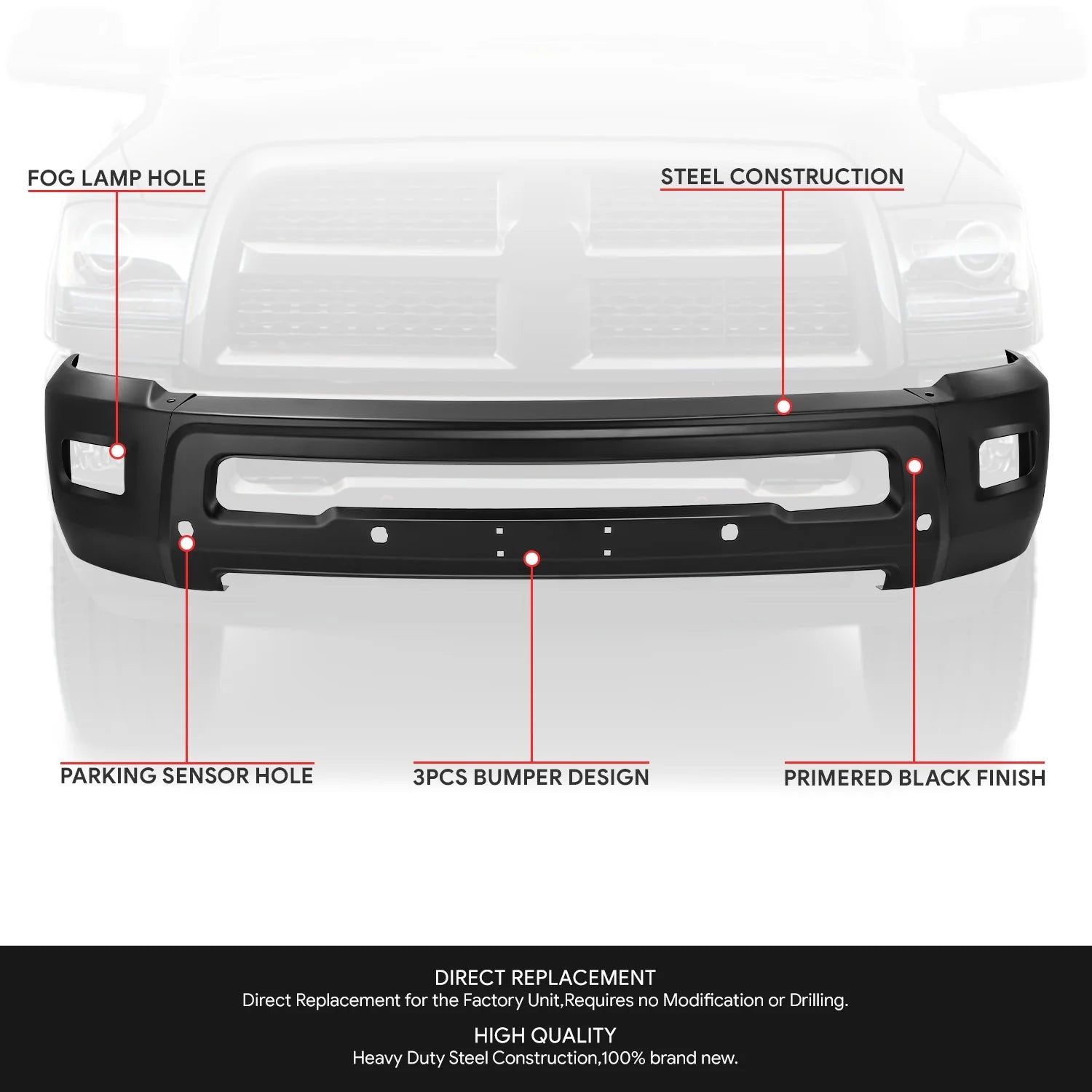 Modular Style Front Bumperw/ Fog Light Cutouts 10-18 Dodge Ram 2500 3500