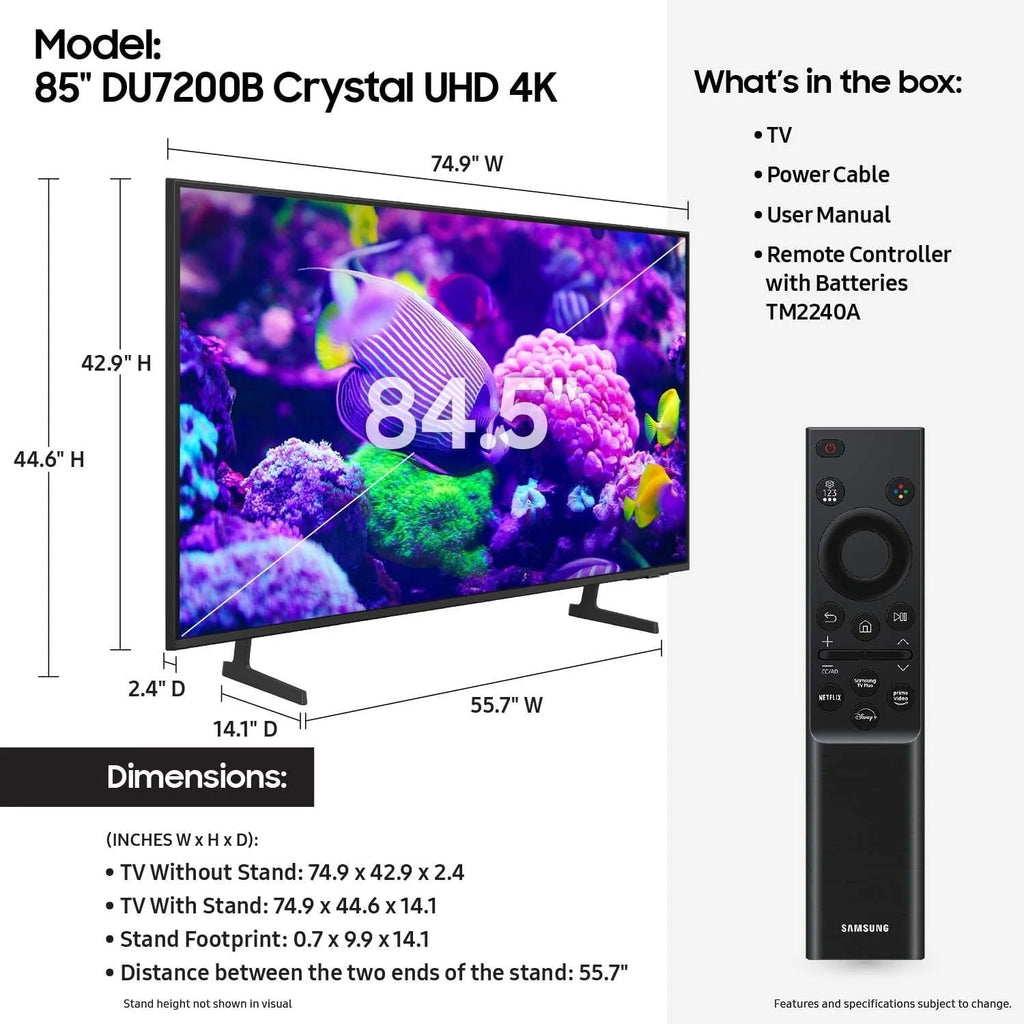2026 Samsung 85″ Crystal UHD 4K Smart TV DU7200B with PurColor, HDR and Tizen OS – 2024 Model