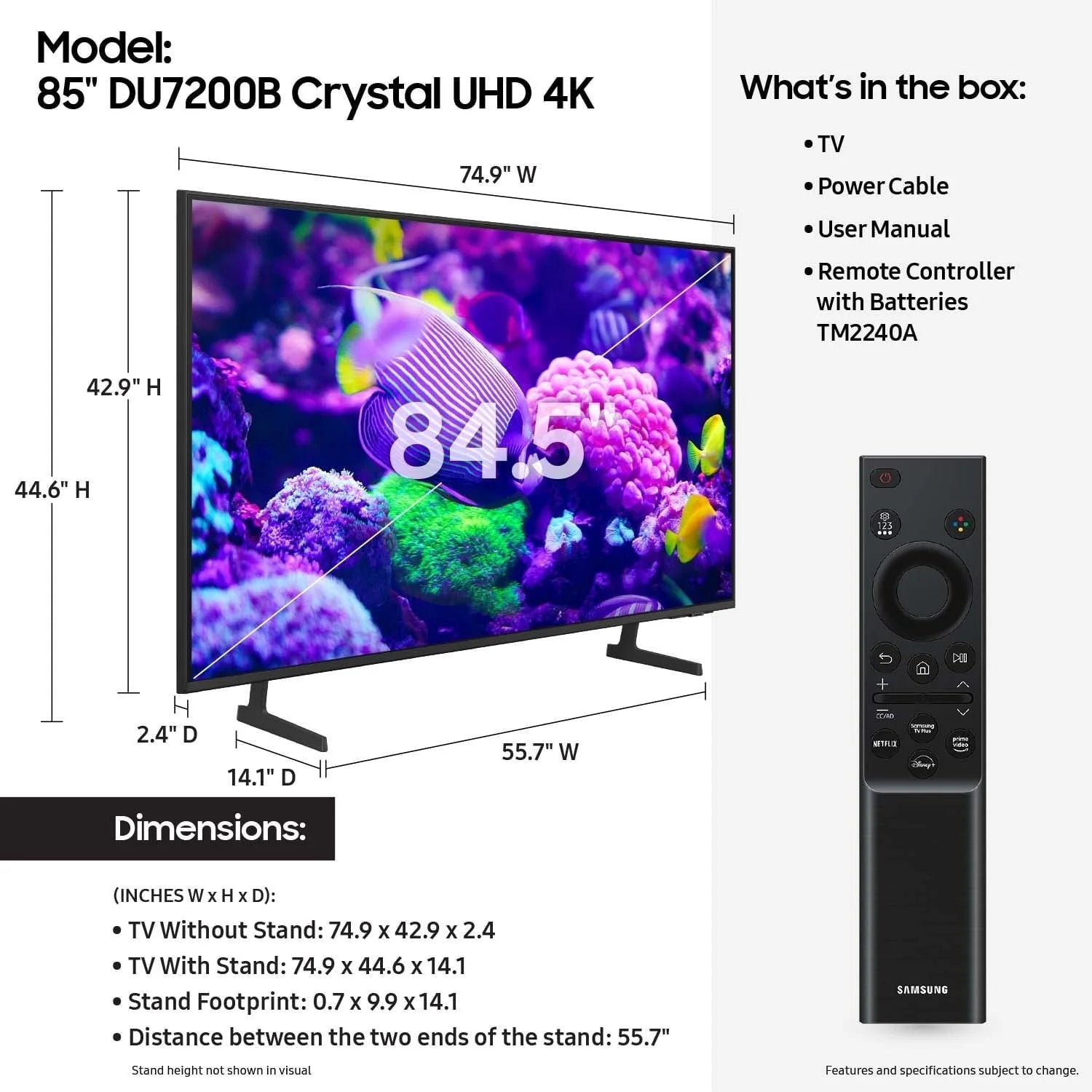 2026 Samsung 85″ Crystal UHD 4K Smart TV DU7200B with PurColor, HDR and Tizen OS – 2024 Model