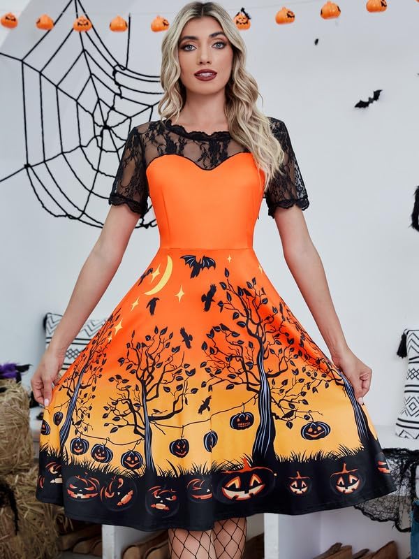 Jillumi Women's Lace Sleeve Pumpkin Swing Halloween Dress