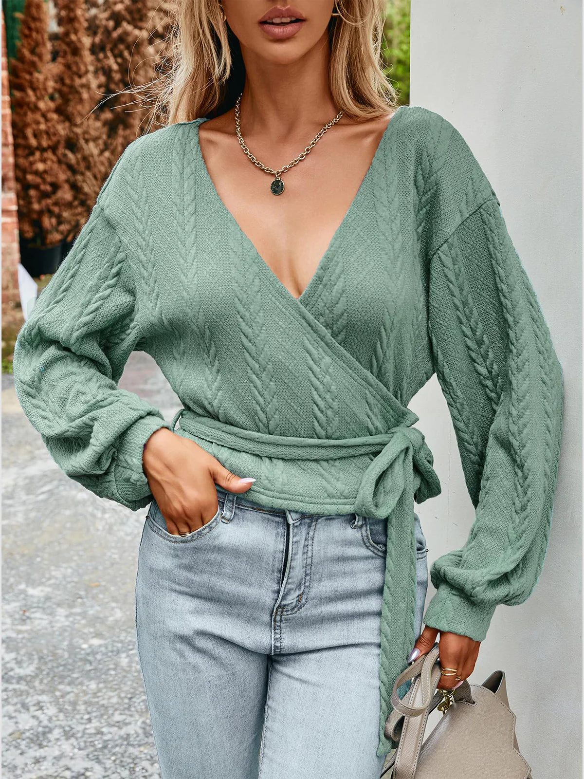 2026 Ribbed Knit Drawstring V-Neck Top