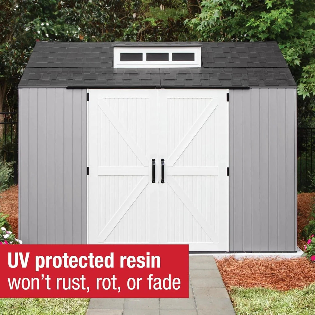 2026 Rubbermaid resin garden shed with floor (2.13 x 2.13 m), weatherproof, grey, for storing garden tools, lawnmowers, bicycles and pool accessories