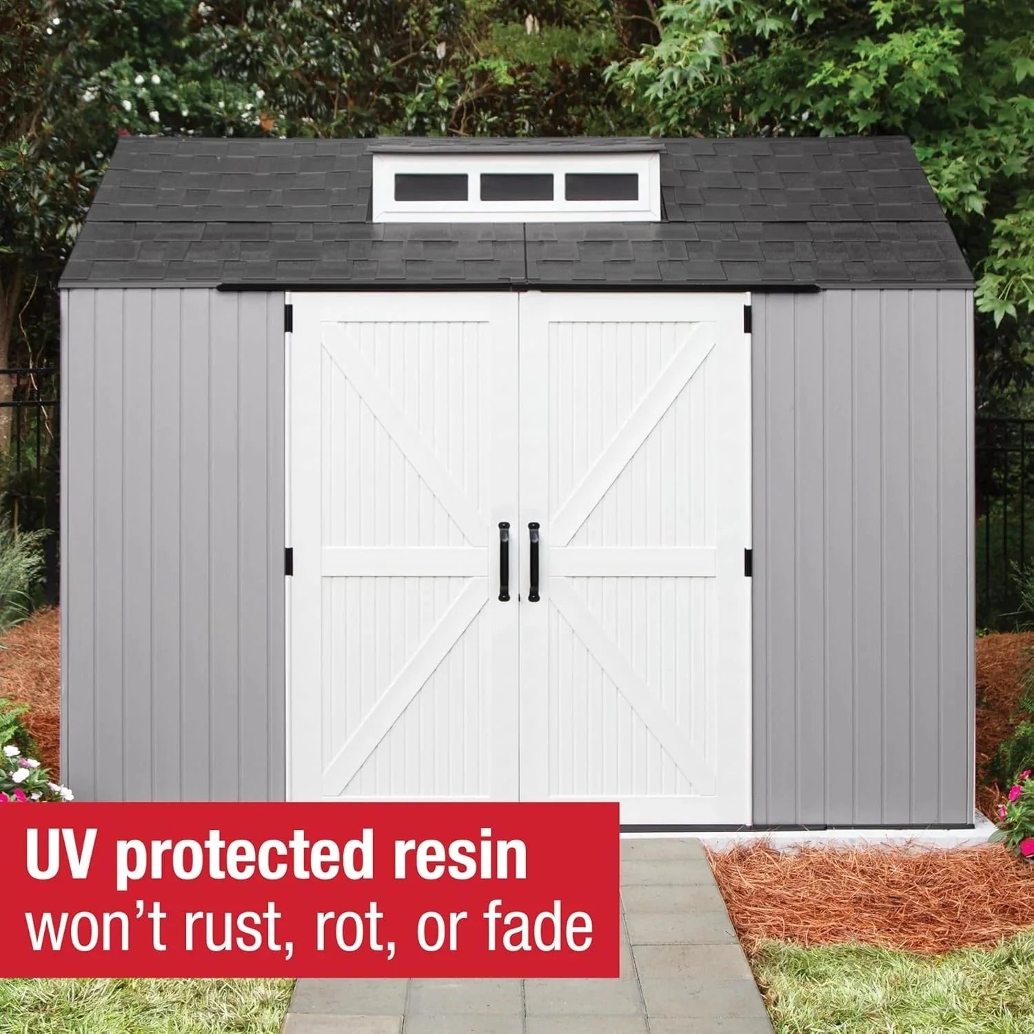 2026 Rubbermaid resin garden shed with floor (2.13 x 2.13 m), weatherproof, grey, for storing garden tools, lawnmowers, bicycles and pool accessories