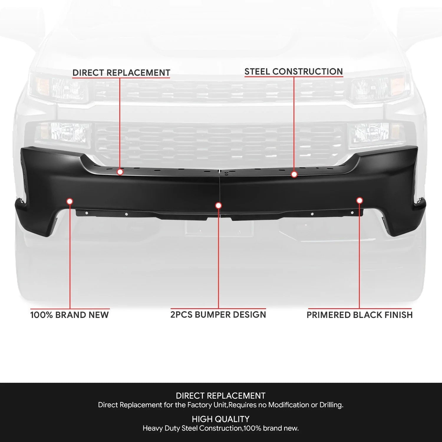 Modular Style Front Bumper w/o Parking Sensor Holes 19-21 Chevy Silverado 1500, 2022 LTD