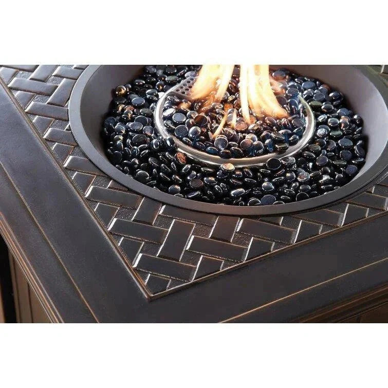 2026 2025 5-piece steel patio fire pit seating set with navy blue cushions, swivel gliders and square fire pit table