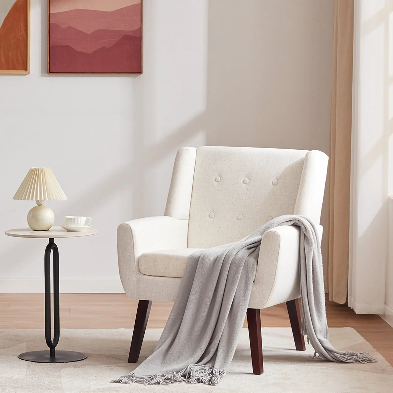 2026 HUIMO  Accent Chair, Button-Tufted Upholstered  Living Room Chairs,  Mid Century Modern Comfy Reading Chairs for Bedroom, Living Room, Beige