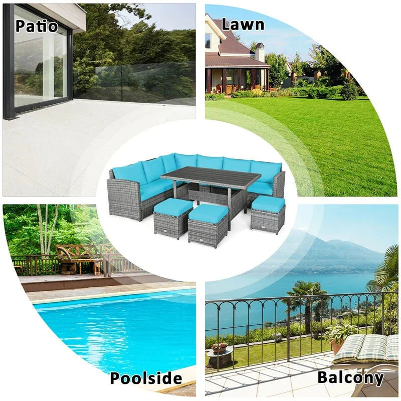 2026 7 Pcs Rattan Patio Dining Furniture Sectional Sofa Set with Dining Table, Ottomans & Cushions