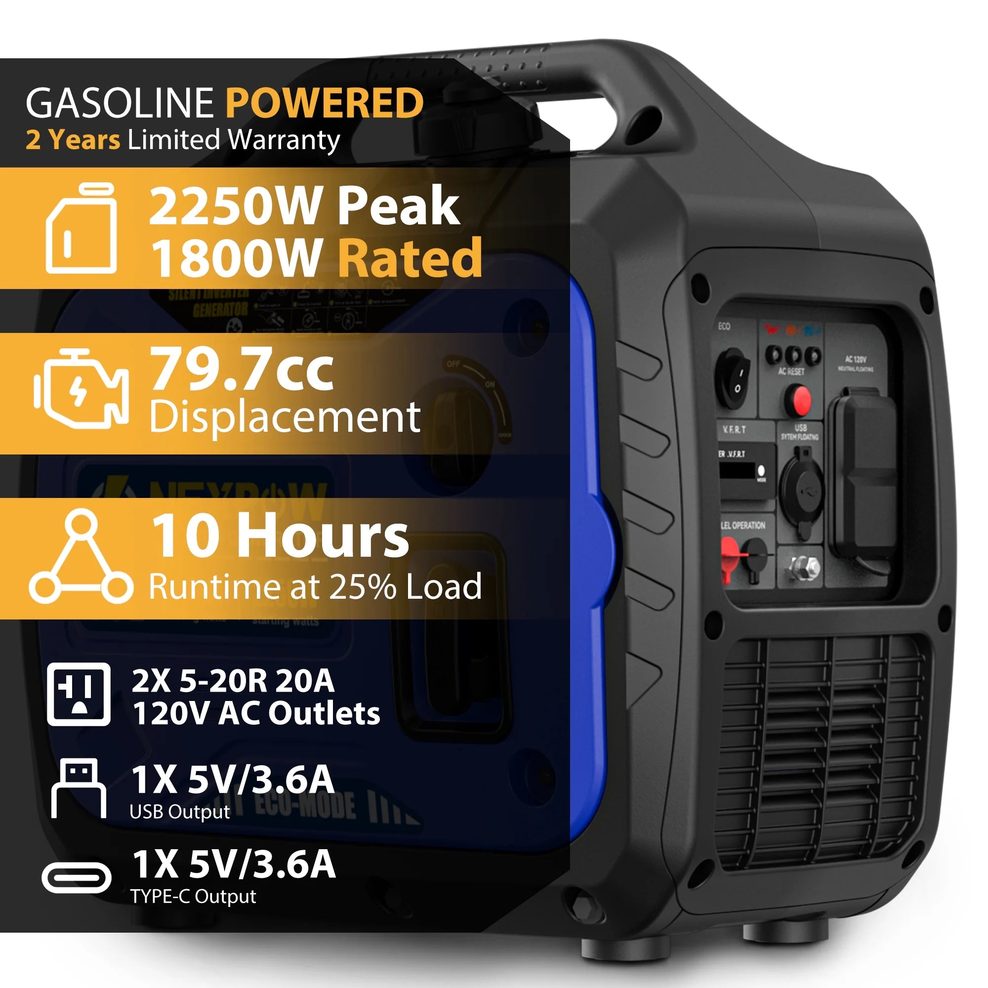 2026 NEXPOW 2250W Portable Inverter Generator, Gasoline Power Quiet Lightweight for Backup Home & Camping, Eco-Mode Feature, Parallel Capability, EPA Compliant