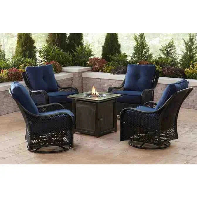 2026 2025 5-piece steel patio fire pit seating set with navy blue cushions, swivel gliders and square fire pit table