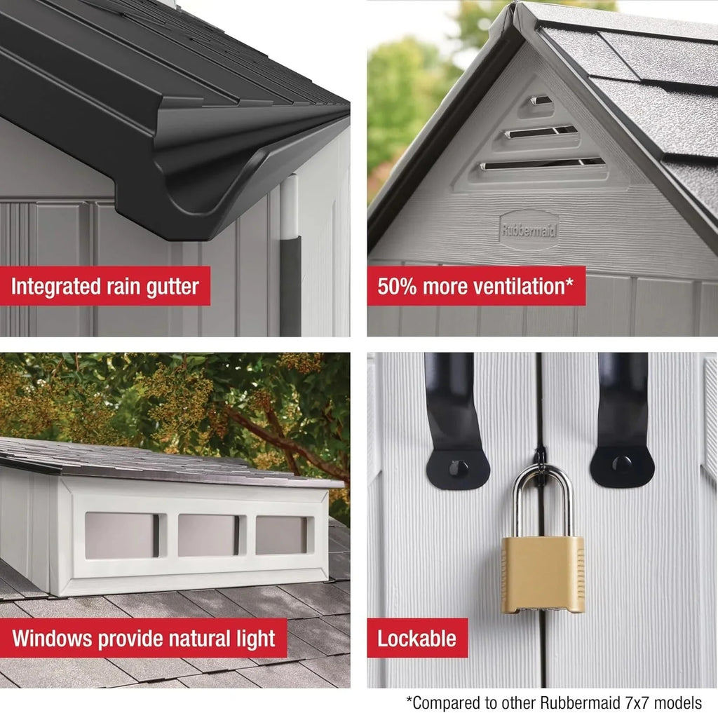 2026 Rubbermaid resin garden shed with floor (2.13 x 2.13 m), weatherproof, grey, for storing garden tools, lawnmowers, bicycles and pool accessories