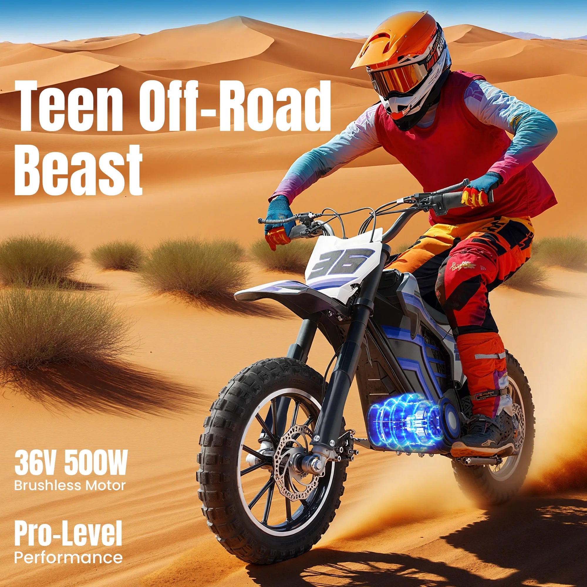 2026 QEASET electric dirt bike, 500W kids dirt bike for Boys Girls Age 8-14, Blue