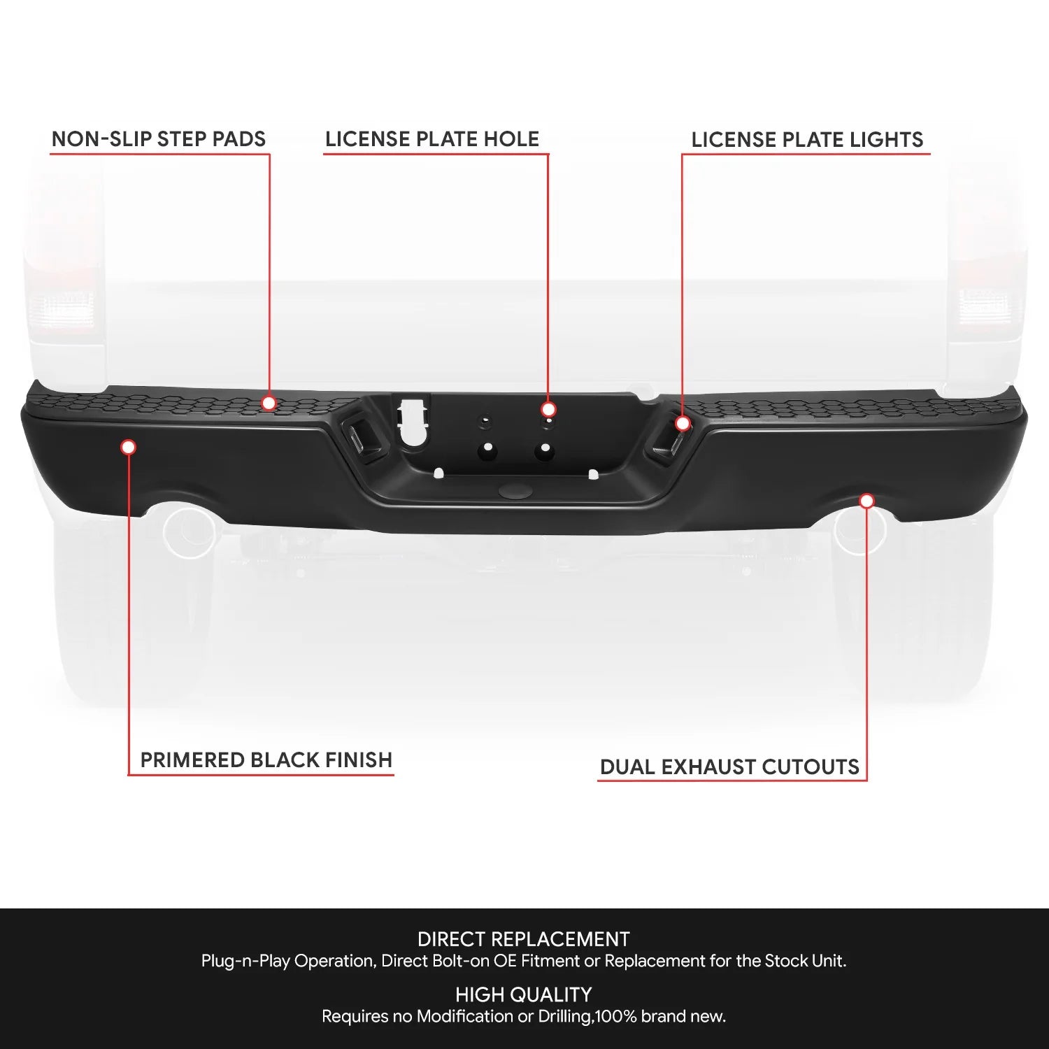 Modular Style Rear Step Bumper w/Dual Exhaust+License Plate Lights  09-19 Dodge/Ram 1500 2500 3500