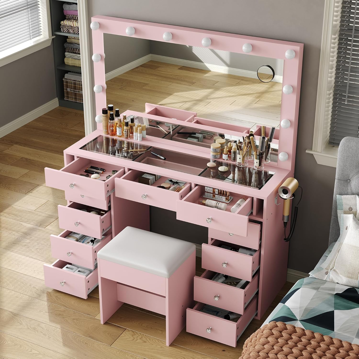 2026 New YANOSAKU Vanity Desk with Mirror, LED Lights & 11 Drawers