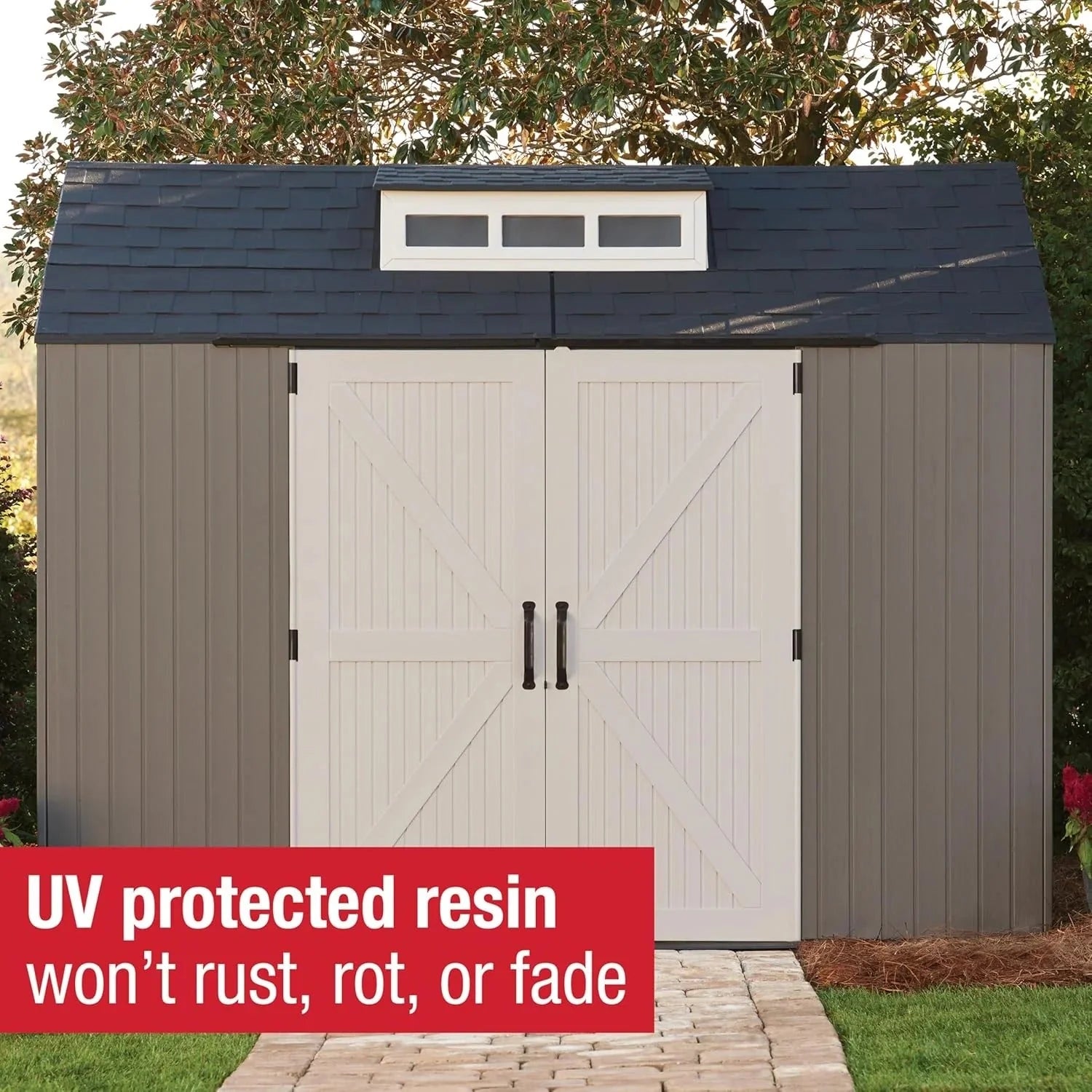 2026 Rubbermaid resin garden shed with floor (2.13 x 2.13 m), weatherproof, grey, for storing garden tools, lawnmowers, bicycles and pool accessories