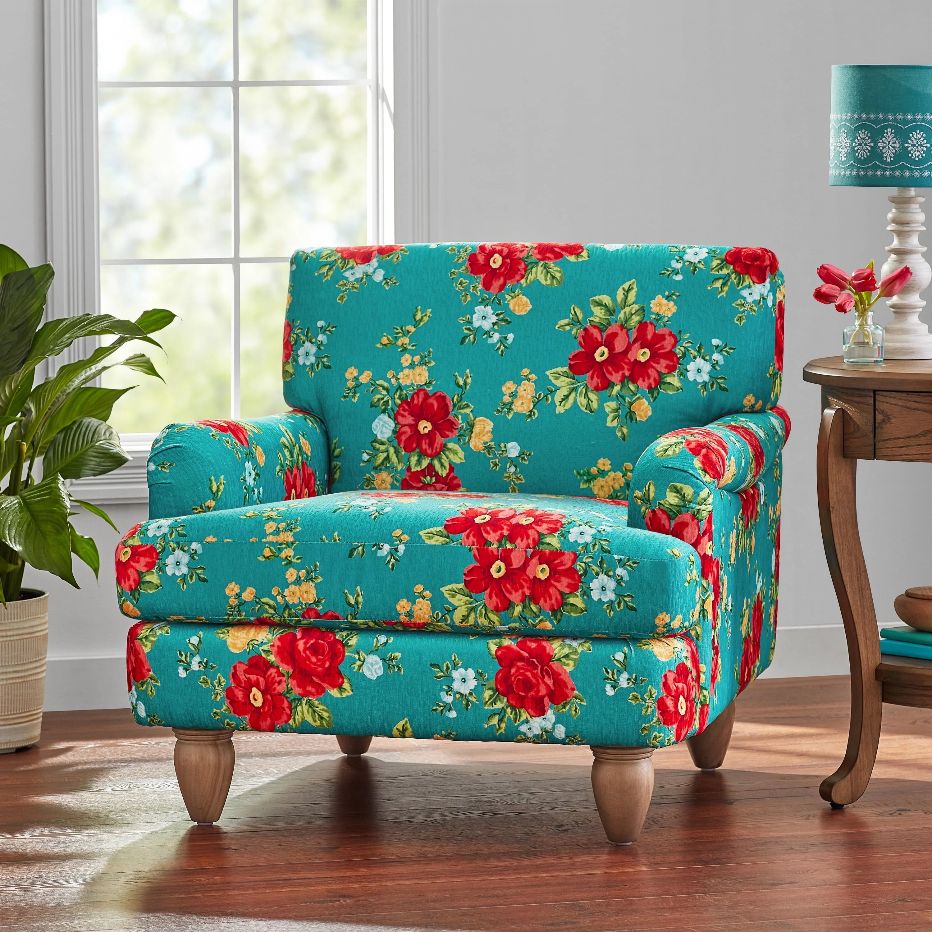 2026 The Pioneer Woman Vintage Floral Low Back Fabric Accent Chair, Teal