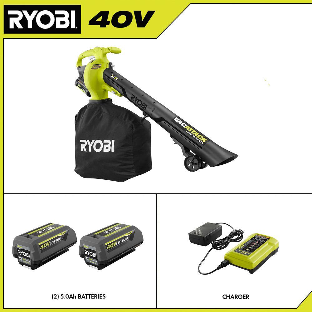 2026 RYOBI 40V Vac Attack Cordless Leaf VacuumMulcher with (2) 5.0 Ah Batteries and (1) Charger RY40451-2B