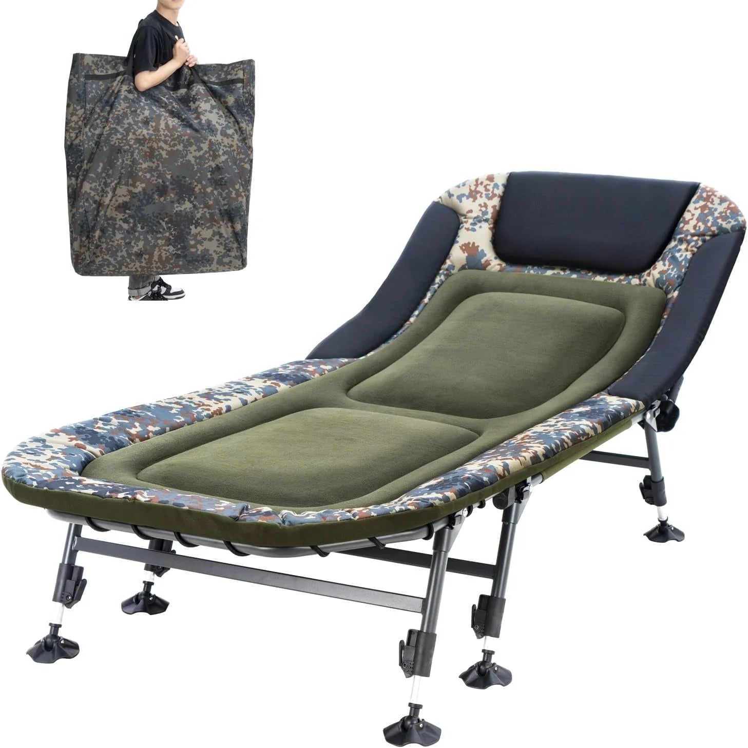 2026 Camping Cots for Adults 330Lbs with Carry Bag, Heavy Duty Folding Bed with Soft Padded Cushion, Portable Military Cot for Hunting, 180° Adjustable Reclining Outdoor Lounger