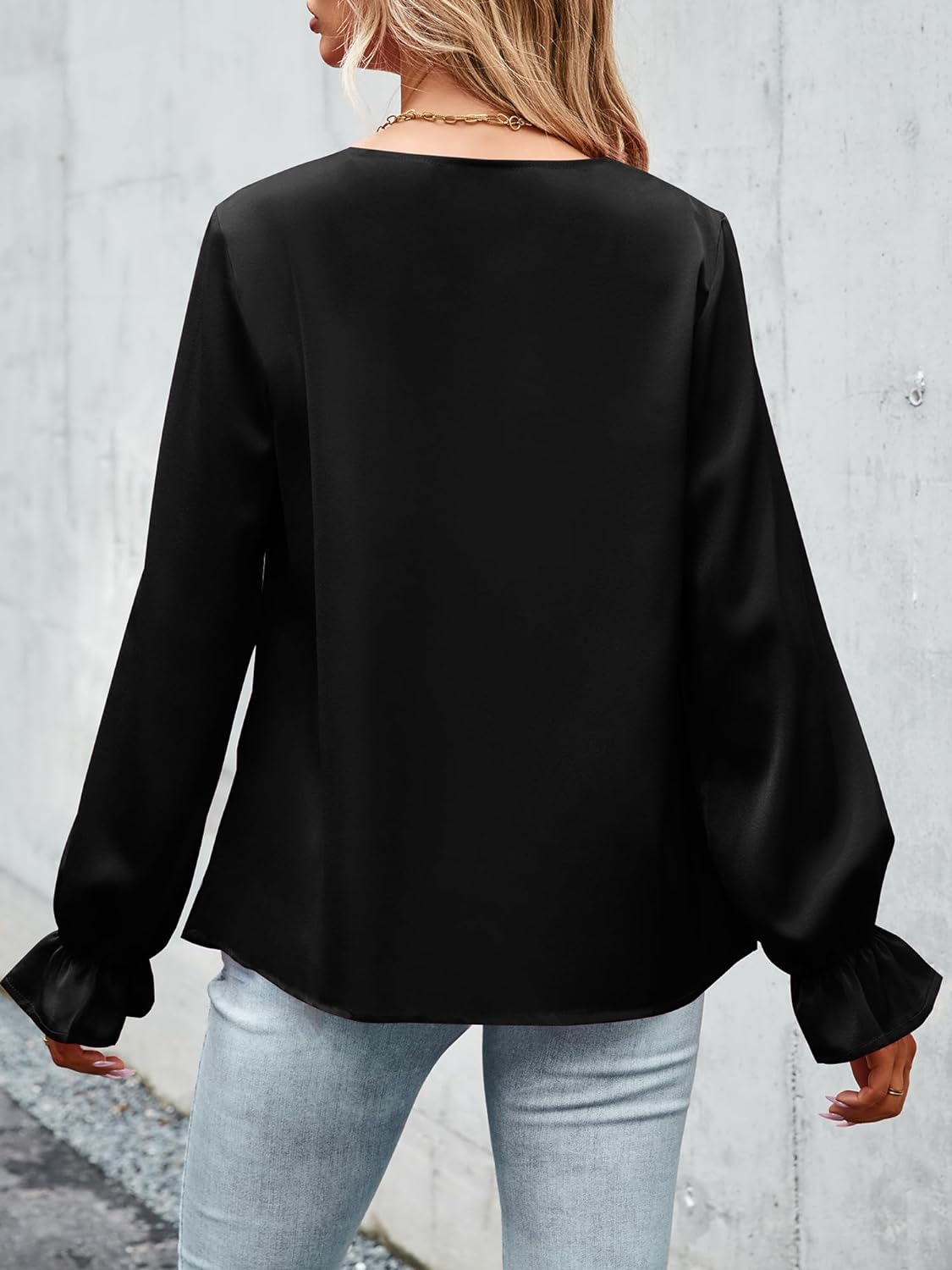 CALSUZ Women's Satin Draped Cowl Neck Tops Silk Long Sleeve Ruched Blouse