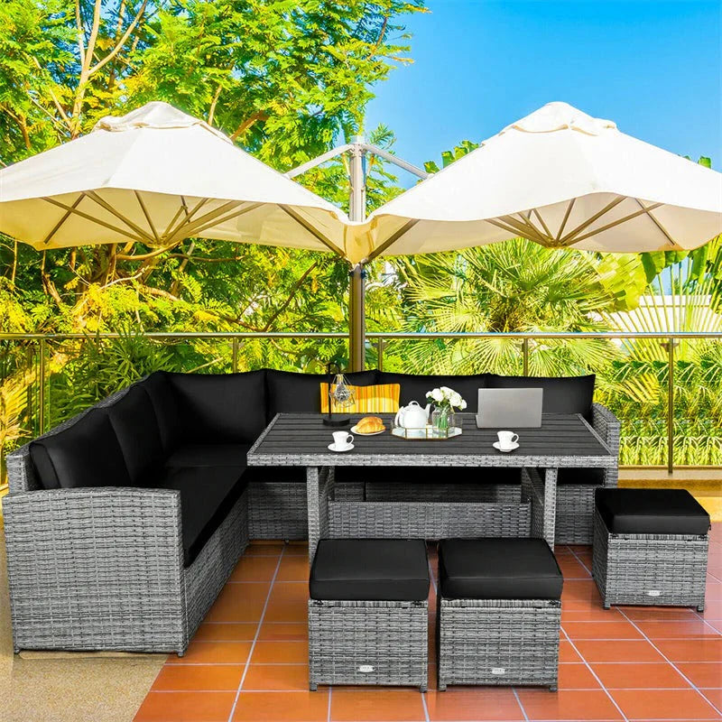 2026 7 Pcs Rattan Patio Dining Furniture Sectional Sofa Set with Dining Table, Ottomans & Cushions