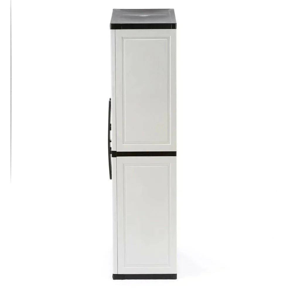 2026 Freestanding garage cabinet made of grey plastic, model 2025, 89 cm W x 180 cm H x 46 cm D, with adjustable shelves and lockable doors.