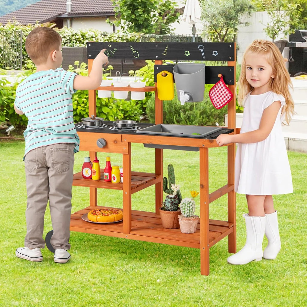 2026 OLAKIDS Mud Kitchen, Outdoor Play Kitchen with Wheels 3 Cups Removable Sink Cooking Accessories Wooden Kids Kitchen Playset Backyard Garden Toys Gift for Boys Girls Ages 3+