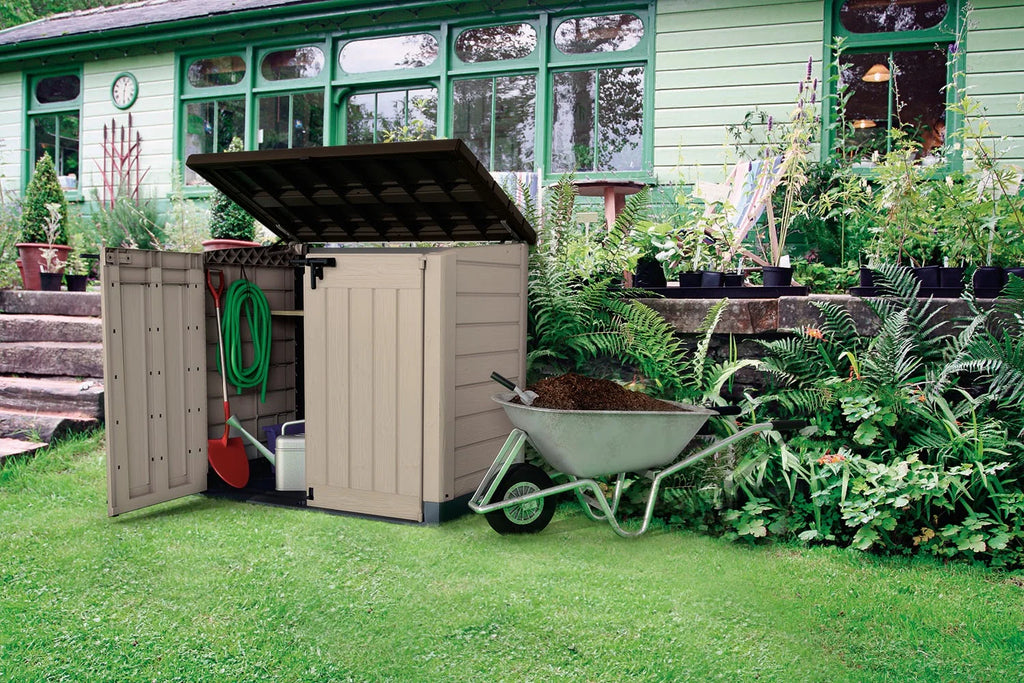 2026 Keter Store It Out MAX Horizontal Durable Resin Outdoor Storage Shed With Heavy Duty Floor and Locking Latch and Double Doors, Beige