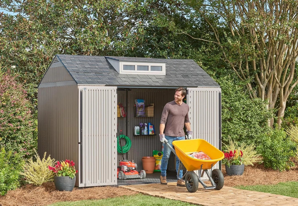2026 Rubbermaid resin garden shed with floor (2.13 x 2.13 m), weatherproof, grey, for storing garden tools, lawnmowers, bicycles and pool accessories