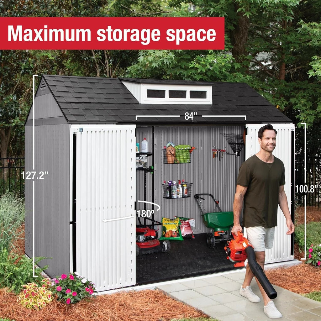 2026 Rubbermaid resin garden shed with floor (2.13 x 2.13 m), weatherproof, grey, for storing garden tools, lawnmowers, bicycles and pool accessories